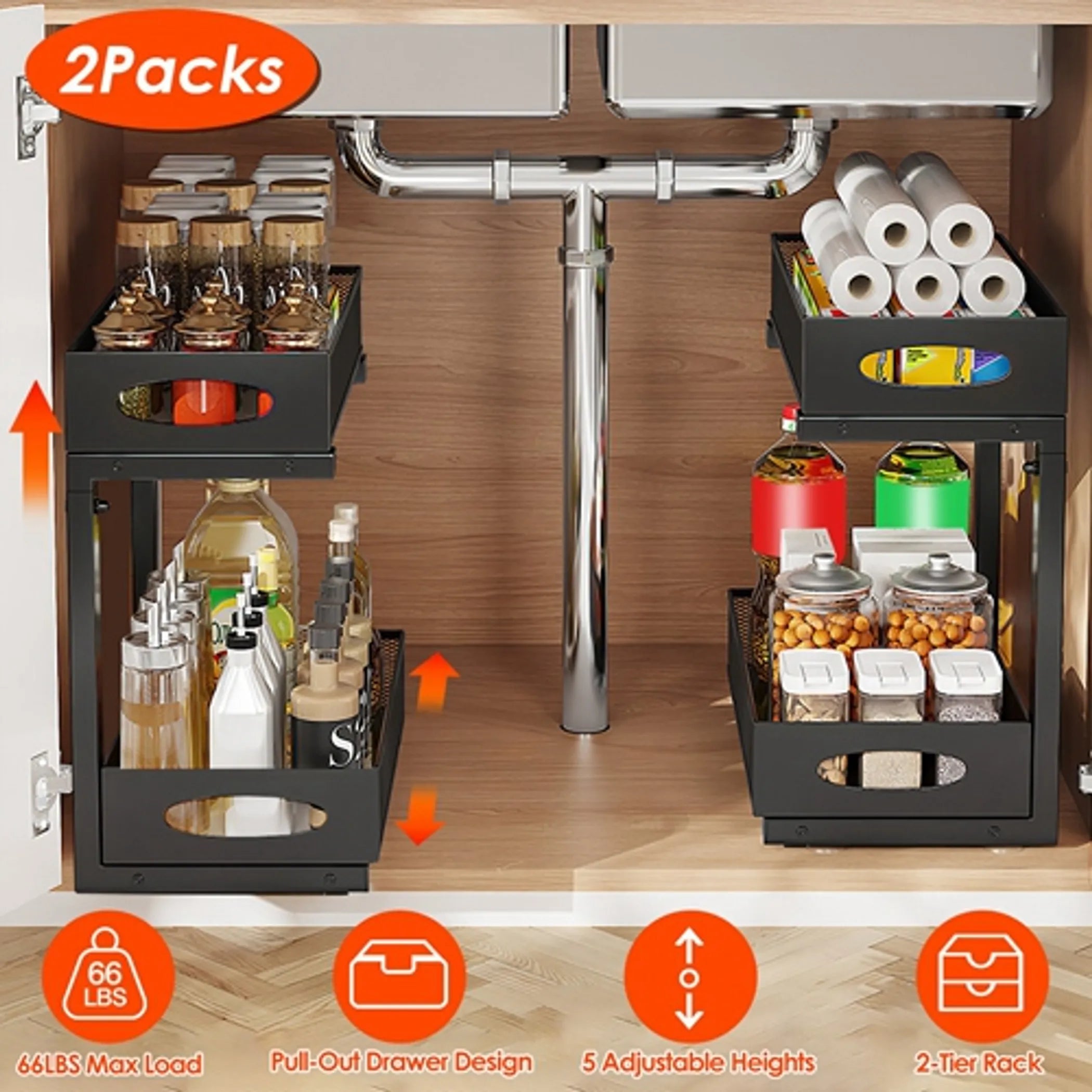 2Pcs Under Sink Organizer 2 Tier