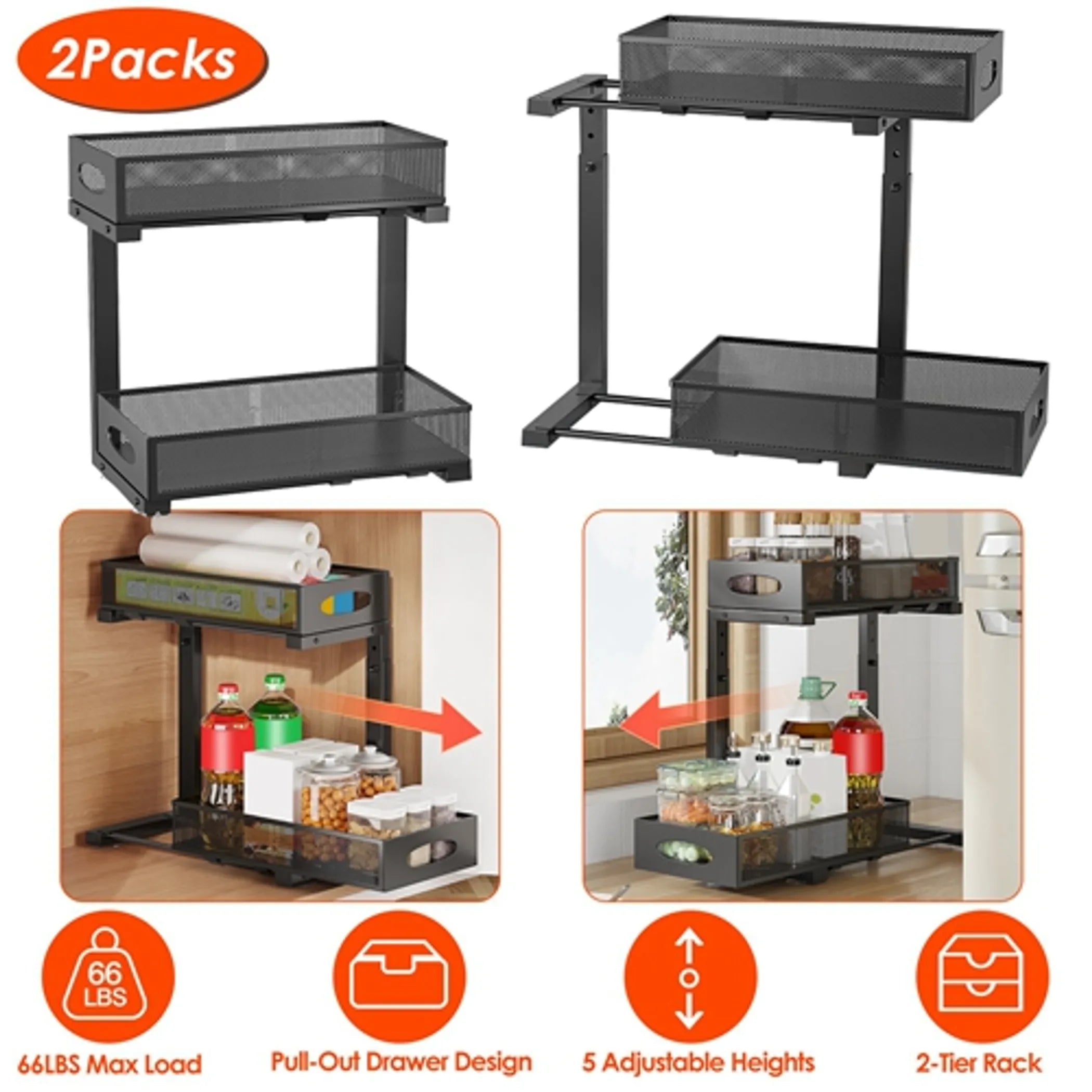 2Pcs Under Sink Organizer 2 Tier